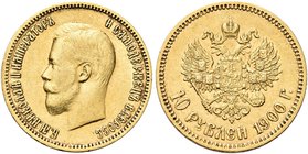 RUSSIA
Nicola II, 1894-1917.
10 Rubli 1900.
Au gr. 8,56
Dr. Testa nuda a s.
Rv. Aquila bicipite coronata.
Fried. 179.
SPL
