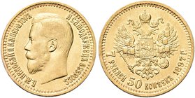 RUSSIA
Nicola II, 1894-1917.
7,5 Rubli 1897.
Au gr. 6,43
Dr. Testa a s.
Rv. Aquila bicipite.
Bitkin 17; Fried. 178.
Colpetti al bordo. BB/q. SP...