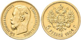 RUSSIA
Nicola II, 1894-1917.
5 Rubli 1904.
Au gr. 4,29
Dr. Testa nuda a s.
Rv. Aquila bicipite coronata.
Fried. 180.
Graffietti al dr. BB
