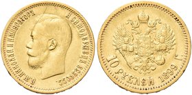 RUSSIA
Nicola II, 1894-1917.
10 Rubli 1899.
Au gr. 8,53
Dr. Testa nuda a s.
Rv. Aquila bicipite coronata.
Bitkin 4; Fried. 179.
Buon BB