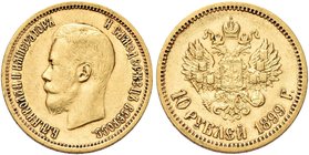 RUSSIA
Nicola II, 1894-1917.
10 Rubli 1899.
Au gr. 8,54
Dr. Testa nuda a s.
Rv. Aquila bicipite coronata.
Bitkin 4; Fried. 179.
q. SPL
