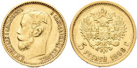 RUSSIA
Nicola II, 1894-1917.
5 Rubli 1899.
Au gr. 4,28
Dr. Testa nuda a s.
Rv. Aquila bicipite coronata.
KM#62; Fried. 180.
SPL