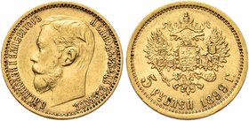 RUSSIA
Nicola II, 1894-1917.
5 Rubli 1899.
Au gr. 4,28
Dr. Testa nuda a s.
Rv. Aquila bicipite coronata.
KM#62; Fried. 180.
q. SPL