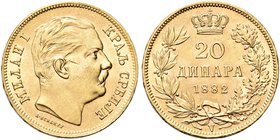SERBIA
Milan Obrenovich IV, 1868-1889.
20 Dinara 1882, V Vienna.
Au gr. 6,44
Dr. Testa a d.
Rv. Scritta e valore.
KM# 17; Fried. 4.
Raro. Più d...