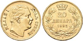 SERBIA
Milan Obrenovich IV, 1868-1889.
20 Dinara 1882 V, zecca di Vienna.
Au gr. 6,44
Dr. Testa a d.
Rv. Scritta e valore.
KM# 17; Fried. 4.
Ra...