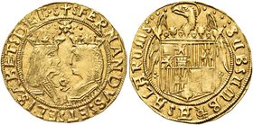 SPAGNA
Fernando V e Isabella I, 1474-1504.
Doppio Excellente per Siviglia.
Au gr. 7,03
Dr.FERNANDVS ET hELISABET DEI. Busti affrontati di Fernando...