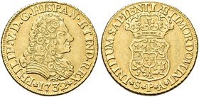 SPAGNA
Filippo V di Spagna, 1700-1746.
2 Scudi 1732 Siviglia.
Au gr. 6,70
Dr.Busto a d.
Rv. Stemma coronato.
Fried. 353.
Raro. Buon BB