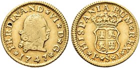 SPAGNA
Ferdinando VI, 1746-1759.
Mezzo scudo 1747 (Siviglia).
Au gr. 1,77
Dr. Busto del Re a d.
Rv. Stemma coronato.
Fried. 275.
BB