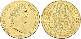 SPAGNA
Ferdinando VII di Spagna, 1808-1824.
2 Escudos 1833, zecca di Madrid.
Au gr. 6,73
Dr.Busto a d.
Rv. Stemma coronato
Calicò 230; Fried. 31...
