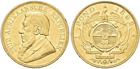 SUD AFRICA
Repubblica.
Pound 1892.
Au gr. 7,98
Dr. Busto di Paul Kruger barbuto a s.
Rv. Stemma nazionale; sopra, aquila.
KM#10.2; Fried. 2.
Mo...