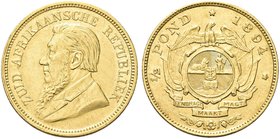 SUD AFRICA
Repubblica.
Mezzo Pond 1894.
Au gr. 3,98
Dr. Busto di Paul Kruger barbuto a s.
Rv.Stemma nazionale; sopra, aquila.
Fried. 3.
Raro. S...