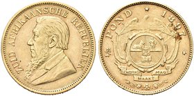 SUD AFRICA
Repubblica.
Mezzo Pond 1897.
Au gr. 3,98
Dr. Busto di Paul Kruger barbuto a s.
Rv.Stemma nazionale; sopra, aquila.
Fried. 3.
Raro. S...