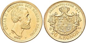 SVEZIA
Oscar II, 1872-1907.
20 Korone 1884.
Au gr. 8,94
Dr. Testa nuda a d.
Rv. Stemma sormontato da corona entro padiglione.
KM#748; Fried. 93a...