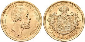 SVEZIA
Oscar II, 1872-1907.
20 Korone 1889.
Au gr. 8,94
Dr. Testa nuda a d.
Rv. Stemma sormontato da corona entro padiglione.
KM#748; Fried. 93a...