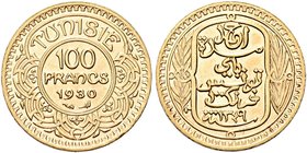 TUNISIA
Protettorato Francese. Ahmad Pasha Bey, 1929-1942.
100 Franchi 1930 (AH 1349).
Au gr. 6,54
Dr. Valore e data entro cerchio decorato.
Rv. ...