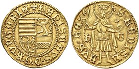 UNGHERIA
Ladislao V, 1453-1457.
Ducato 1455, zecca di Nagyzeben (?).
Au gr. 3,50
Dr. LADILAVS D G R VNGARIE. Scudo inquartato con leone d’Ungheria...