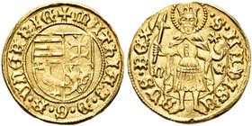 UNGHERIA
Mattia Corvino, 1458-1490.
Ducato 1458-1466, zecca di Nagyszeben.
Au gr. 3,58
Dr. MAThIAS D G R VNGARIE. Scudo inquartato con leone d’Ung...