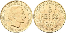 URUGUAY
Repubblica Orientale, dal 1830.
5 Pesos 1930.
Au gr. 8,47
Dr. Testa nuda a d.
Rv. Data e valore; sullo sfondo, sole nascente.
KM�# 27; F...