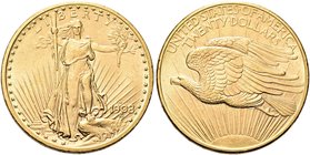 USA
Federazione.
20 Dollari 1908 D, Saint Gaudens Double Eagle no motto, zecca di Denver.
Au gr. 33,39
Dr. Libertà stante e frontale regge una tor...