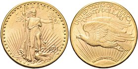 USA
Federazione.
20 Dollari 1911 D, Saint Gaudens Double Eagle with motto, zecca di Denver.
Au gr. 33,39
Dr. Libertà stante e frontale regge una t...