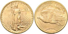 USA
Federazione.
20 Dollari 1925 D, Saint Gaudens Double Eagle with motto, zecca di Denver.
Au gr. 33,37
Dr. Libertà stante e frontale regge una t...
