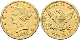 USA
Federazione.
10 Dollari 1851 O, zecca di New Orleans.
Au gr. 16,63
Dr. Testa diademata a s.
Rv. Aquila, con ali spiegate, stante verso s.
Fr...