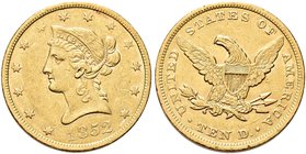 USA
Federazione.
10 Dollari 1852, zecca di Philadelphia.
Au gr. 16,56
Dr. Testa diademata a s.
Rv. Aquila, con ali spiegate, stante verso s.
Fri...