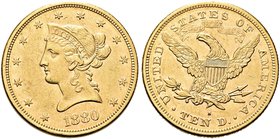 USA
Federazione.
10 Dollari 1880 S, zecca di San Francisco.
Au gr. 16,63
Dr. Testa diademata a s.
Rv. Aquila, con ali spiegate, stante verso s.
...