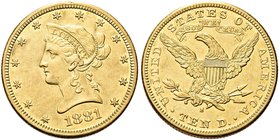 USA
Federazione.
10 Dollari 1881 S, zecca di San Francisco.
Au gr. 16,65
Dr. Testa diademata a s.
Rv. Aquila, con ali spiegate, stante verso s.
...