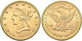 USA
Federazione.
10 Dollari 1881, zecca di Philadelphia.
Au gr. 16,65
Dr. Testa diademata a s.
Rv. Aquila, con ali spiegate, stante verso s.
Fri...