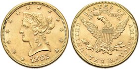 USA
Federazione.
10 Dollari 1882, zecca di Philadelphia.
Au gr. 16,65
Dr. Testa diademata a s.
Rv. Aquila, con ali spiegate, stante verso s.
Fri...