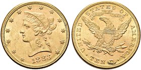 USA
Federazione.
10 Dollari 1883, zecca di Philadelphia.
Au gr. 16,66
Dr. Testa diademata a s.
Rv. Aquila, con ali spiegate, stante verso s.
Fri...