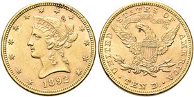 USA
Federazione.
10 Dollari 1892, zecca di Philadelphia.
Au gr. 16,65
Dr. Testa diademata a s.
Rv. Aquila, con ali spiegate, stante verso s.
Fri...