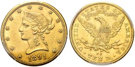 USA
Federazione.
10 Dollari 1891, zecca di Carson City.
Au gr. 16,65
Dr. Testa diademata a s.
Rv. Aquila, con ali spiegate, stante verso s.
Frie...