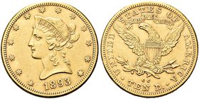USA
Federazione.
10 Dollari 1893 CC, zecca di Carson City.
Au gr. 16,61
Dr. Testa diademata a s.
Rv. Aquila, con ali spiegate, stante verso s.
F...