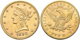 USA
Federazione.
10 Dollari 1893, zecca di Philadelphia.
Au gr. 16,65
Dr. Testa diademata a s.
Rv. Aquila, con ali spiegate, stante verso s.
Fri...