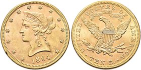 USA
Federazione.
10 Dollari 1894, zecca di Philadelphia.
Au gr. 16,69
Dr. Testa diademata a s.
Rv. Aquila, con ali spiegate, stante verso s.
Fri...