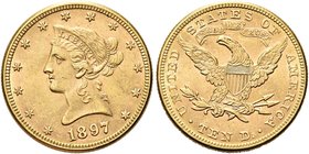 USA
Federazione.
10 Dollari 1897, zecca di Philadelphia.
Au gr. 16,67
Dr. Testa diademata a s.
Rv. Aquila, con ali spiegate, stante verso s.
Fri...