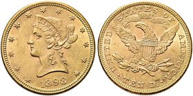 USA
Federazione.
10 Dollari 1898, zecca di Philadelphia.
Au gr. 16,66
Dr. Testa diademata a s.
Rv. Aquila, con ali spiegate, stante verso s.
Fri...