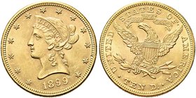 USA
Federazione.
10 Dollari 1899, zecca di Philadelphia.
Au gr. 16,65
Dr. Testa diademata a s.
Rv. Aquila, con ali spiegate, stante verso s.
Fri...