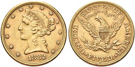 USA
Federazione.
5 Dollari 1882, zecca di Philadephia.
Au gr. 8,33
Dr. Testa diademata a s.
Rv. Aquila, con ali spiegate, stante verso s.
KM# 10...