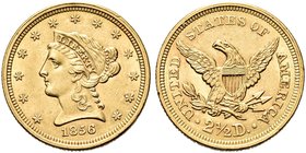 USA
Federazione.
2 e 1/2 Dollari 1856 Philadephia, Liberty Head.
Au gr. 4,18
Dr. Testa diademata a s.
Rv. Aquila, con ali spiegate, stante verso ...