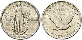 USA
Federazione.
1/4 di Dollaro 1920, zecca di Philadelphia.
Ag gr. 6,26
Dr. Libertà stante verso d., tiene scudo e ramoscello d’ulivo.
Rv. Aquil...