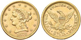 USA
Federazione.
2 e 1/2 Dollari 1878 Libery head.
Au gr. 4,20
Dr. Testa diademata a s.
Rv. Aquila, con ali spiegate, stante verso s.
KM# 72; Fr...