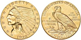 USA
Federazione.
2 e 1/2 Dollari 1928 Indian Head - Eagle.
Au gr. 4,18
Dr. Testa di Libertà con copricapo indiano a s.
Rv. Aquila stante verso s....
