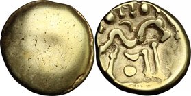 Celtic World. Northeast Gaul, Ambiani. AV Stater. Gallic war issue, c. 58-55 BC. D/ Plain bulge. R/ Large disjointed horse right; crescents and pellet...