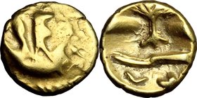 Celtic World. Northeast Gaul, Morini. AV Quarter Stater, "Boat Tree Type", c. 58-50 BC. D/ Boat with two masts or stylized standing figures. R/ Centra...