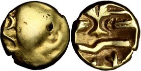 Celtic World. Northeast Gaul, Morini. AV Quarter Stater, "Uniface (?) Tree type", c. 58-50 BC. D/ Plain bulge; remnant of undertype visible. R/ Centra...