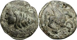 Greek Italy. North-eastern Italy, Hatria. AE Cast Quincunx, c. 275-225 BC. D/ Female head emerging murex shell; below, HAT. R/ Pegasus flying right; b...