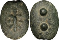 Greek Italy. Uncertain Umbria or Etruria. AE Cast Sextans, 3rd century BC. D/ Club. R/ Two pellets. Vecchi ICC 199. HN Italy 54. AE. g. 25.29 mm. 29.0...